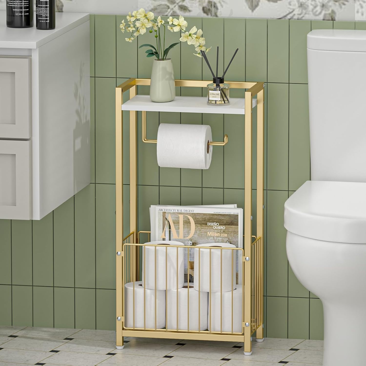 Freestanding Toilet Paper Holder with Storage Shelf - Gold Metal Frame Organizer for Bathroom Tissues and