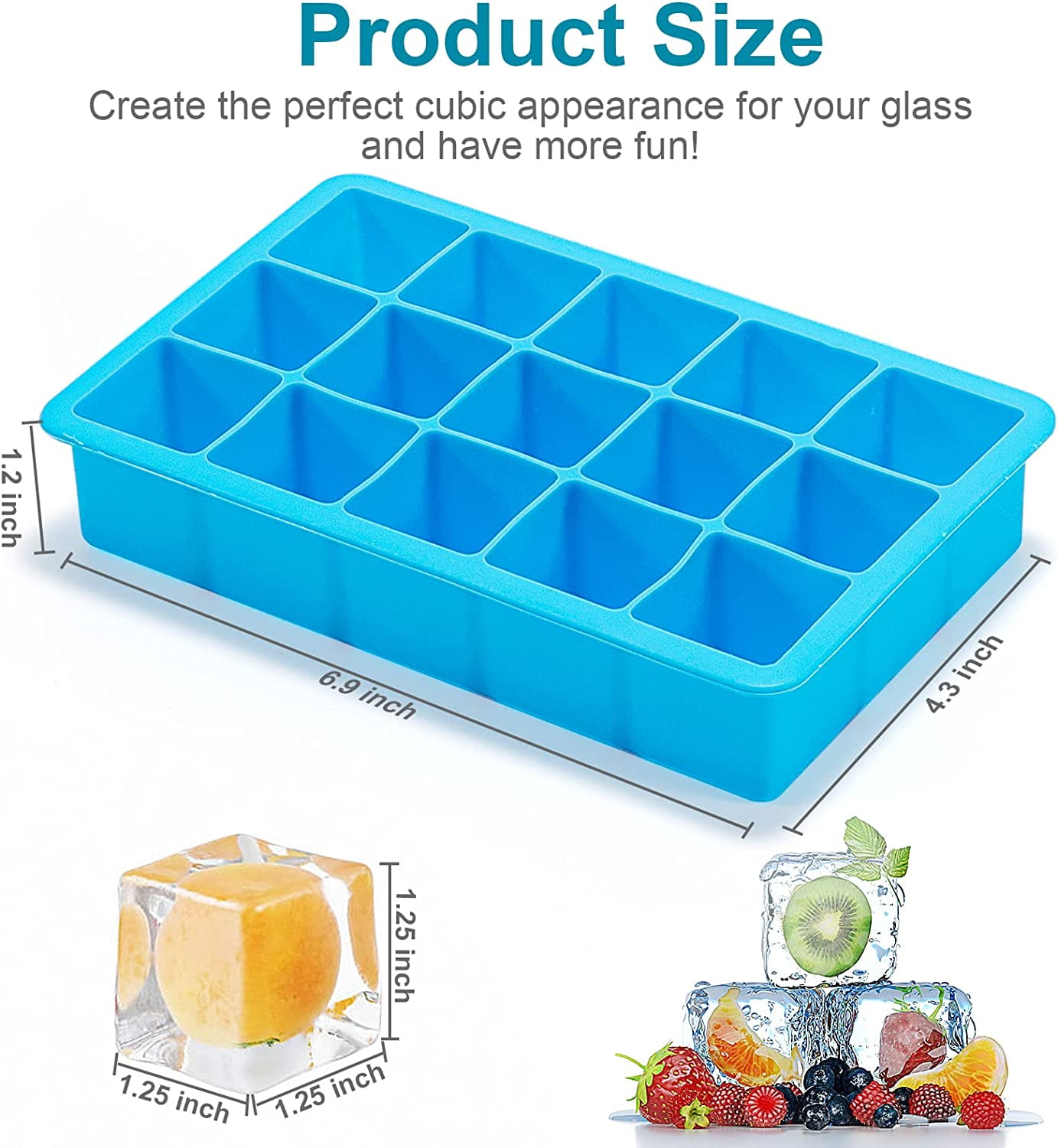 2-Pack Silicone Ice Cube Trays – 1.25" Square, 30 Cubes (15 per Tray), Easy-Release – BPA-Free – For Freezer/Cocktail/Whiskey – 5 Colors