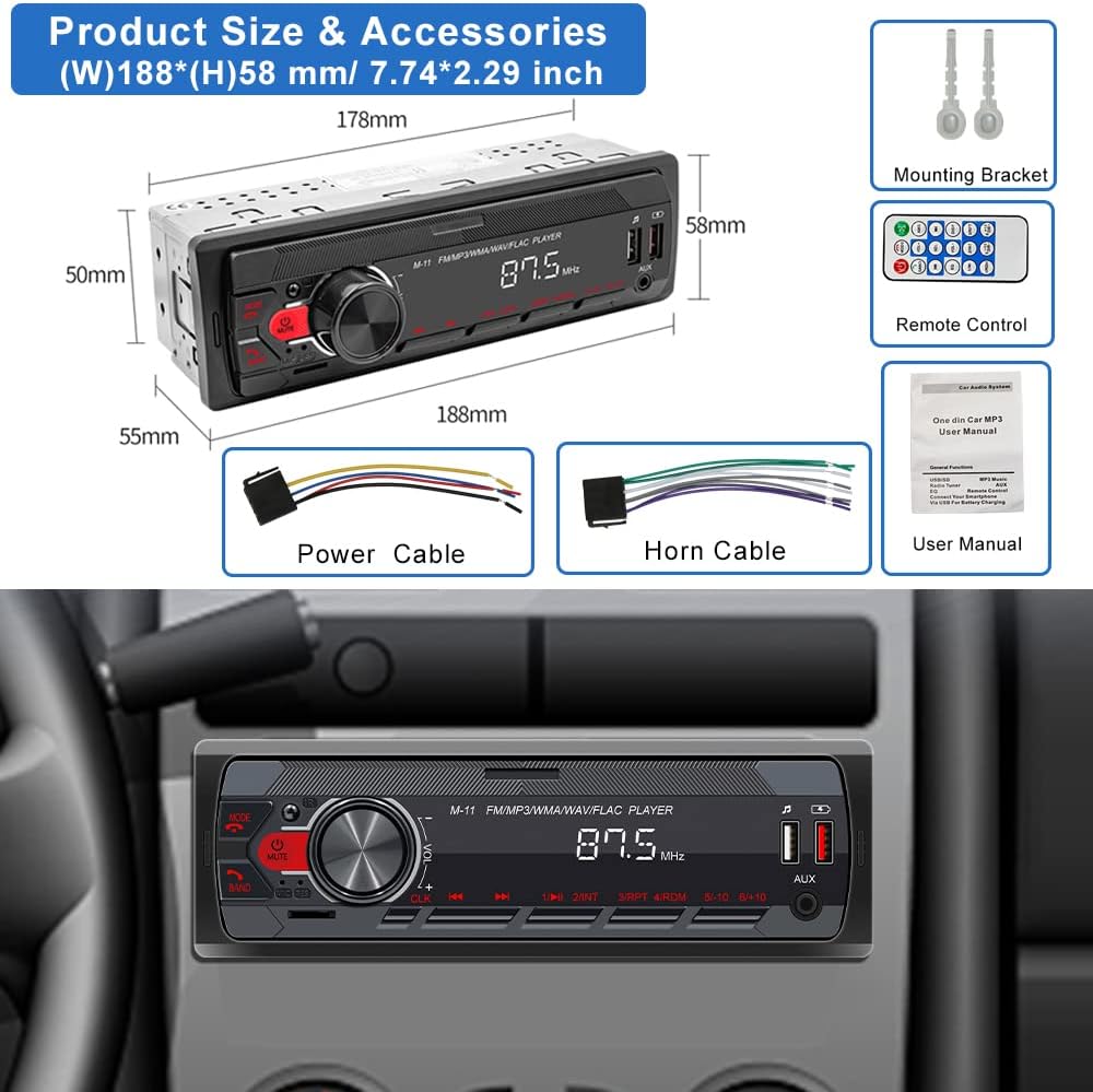 Rimoody Universal Single 1 DIN Car Stereo Radio Bluetooth In-Dash Head Unit Car Multimedia MP3 Player Digital Audio Music FM USB/TF/Aux