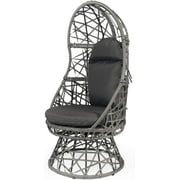 YIGOBUY Outdoor Wicker Swivel Egg Chair with Cushion & Pillow for Patio Porch Bedroom (Grey）