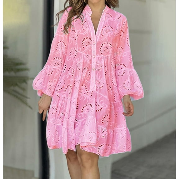 Spring Tops for Women Womens Dresses Plus Size Fall Fashion Women V-Neck Solid Embroidery Patchwork Lace Button Long Sleeve Dress