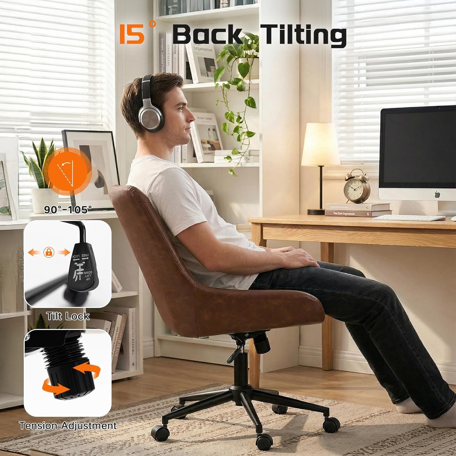 Faux Leather Home Office Chair，Comfortable Armless Task Chair Swivel Rolling Adjustable Height Home Office