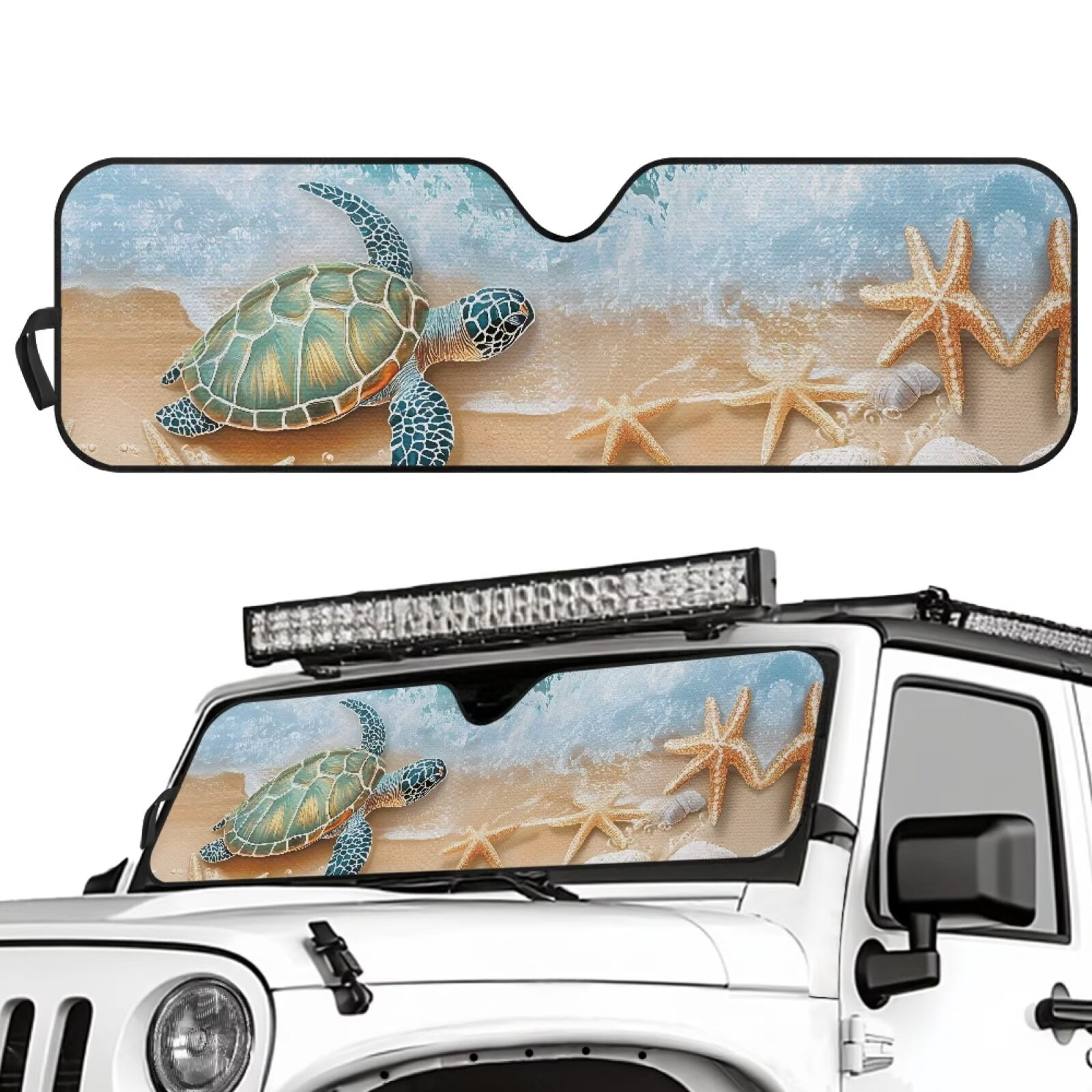 Uorisanigo Windshield Sunshade, Blocks UV Rays Beach Turtle Starfish Sun Visor Shield, Compatible with Rubicon Sahara TJ JK JKU 2 & 4 Door, Accessories for Jeep Wrangler - 52.95x16.14 inches