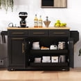 thumbnail image 3 of K&K 59.3" Kitchen Island with Storage 2 Pull Out Cabinet Organizers & Rubber Wood Drop Leaf, Rolling Kitchen Island with Trash Can Storage, Power Outlet, Spice & Towel Rack for Kitchen, Dining, Black, 3 of 12
