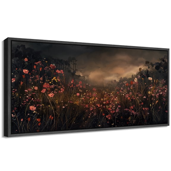 Large Framed Canvas Print Dramatic Dark Wildflower Landscape PaintingWall Art Decorative Ready to Hang Painting for Living room Bedroom 60x30 inches Black Frame