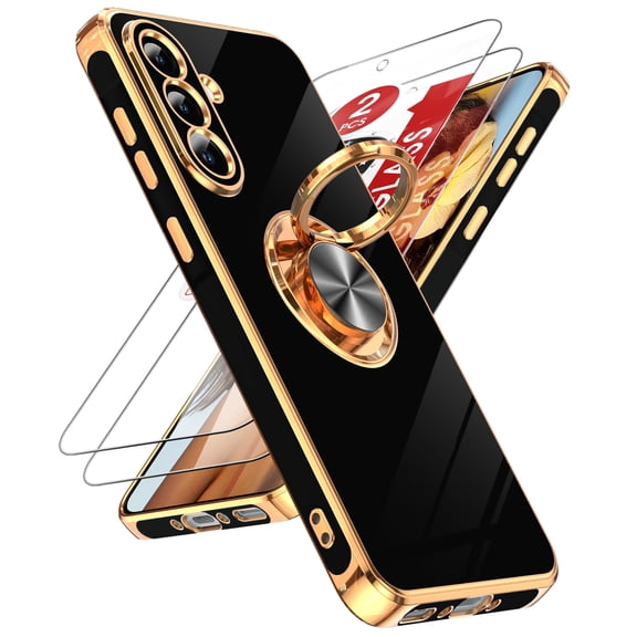 LeYi Case For SAM Galaxy A36 5G: 2pcs Tempered Glass Screen Protector And 360° Rotatable Magnetic Stand, Rose Gold Plated Edge，Black