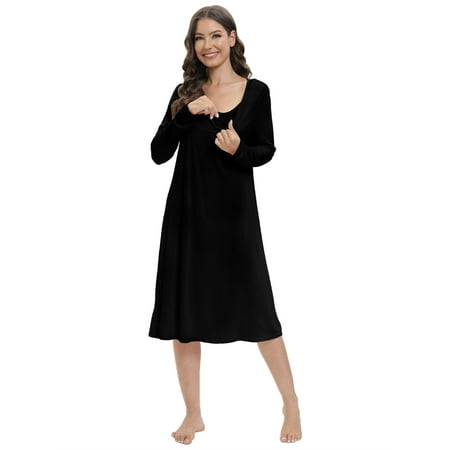 

EFINNY Women s Super Soft Modal Nightgown Long Sleeve Sleepwear Comfy Loungewear Mid-Length Nightshirt with Chest Pads S-XXL (Removable Chest Pads)