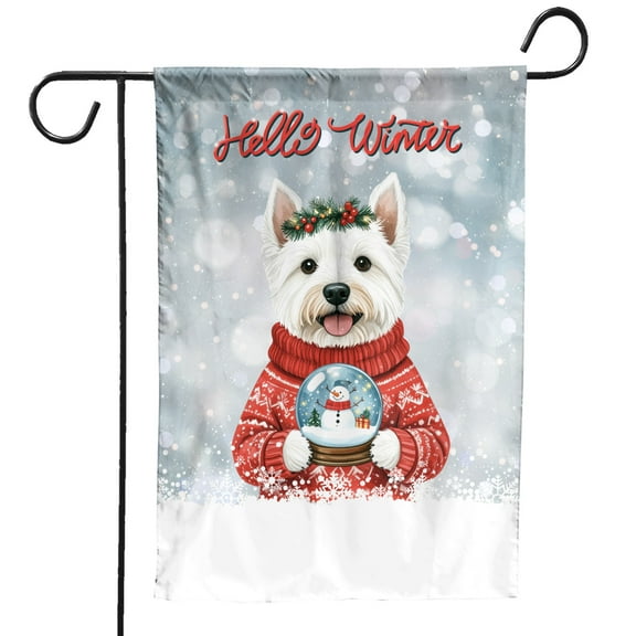 Hello Welcome Winter West Highland White Terrier Holding Snow Globe Snowman Garden Flag 12x18in Double Sided Westie Westy Dog Lover Outdoor Decor - 13015