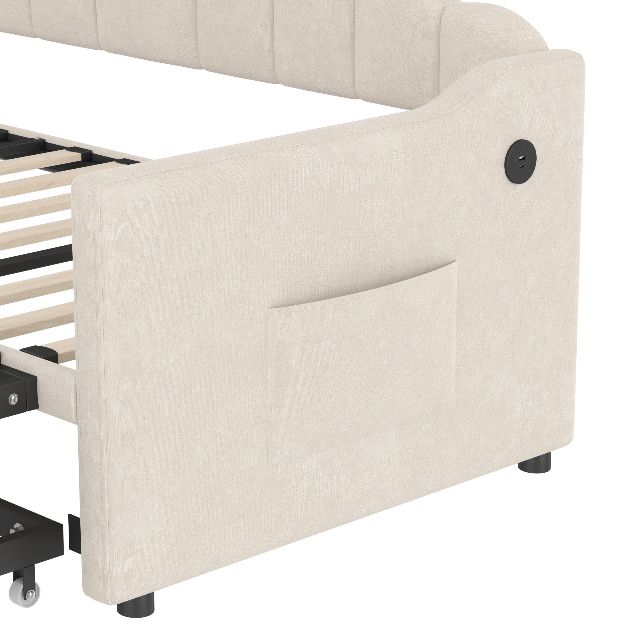 Noble House Upholstered Twin Size Daybed with Adjustable Height Pop Up Trundle Twin Bed and Charging Port 2 Side Pockets,Beige