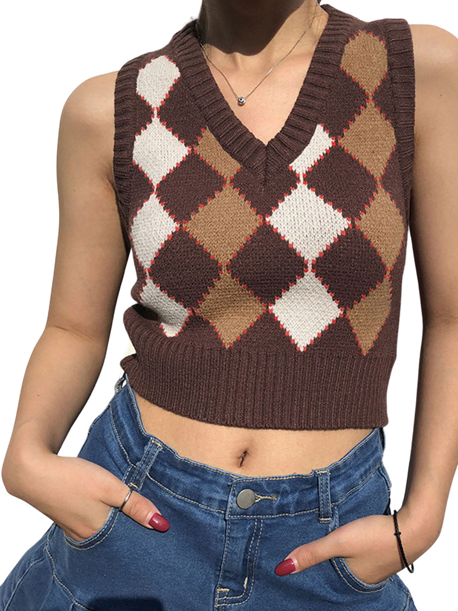SheIn Women's V Neck Plaid Print Sweater Vest Sleeveless Rib-Knit Crop Tank Tops 