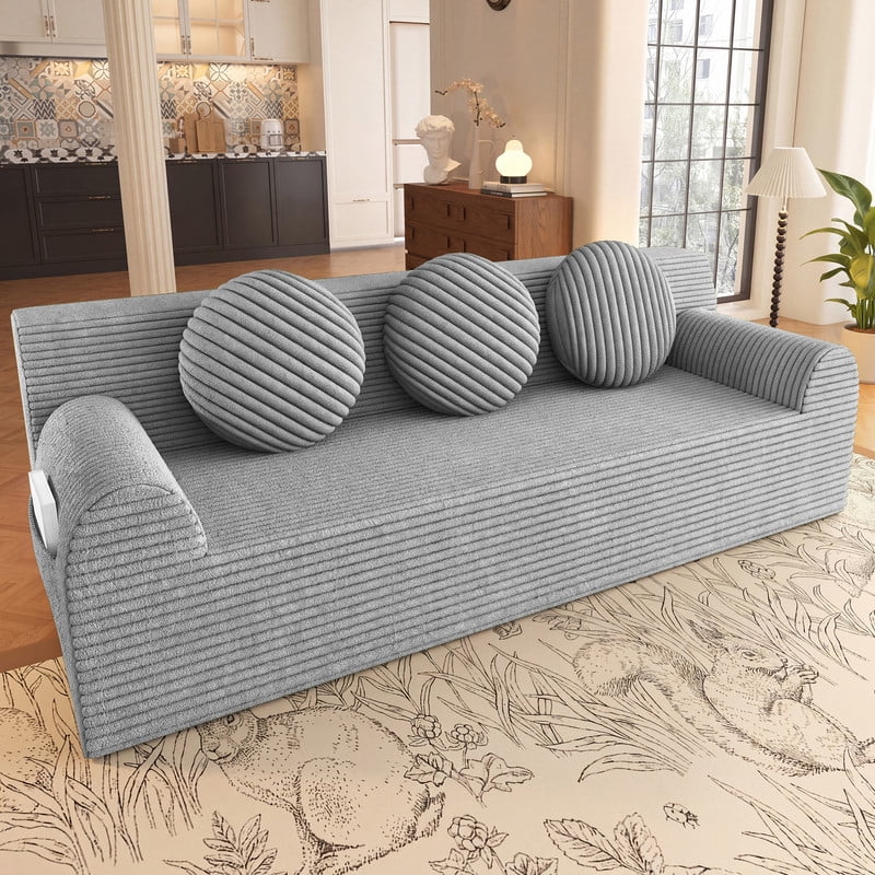 PORKISS 71 Inch Corduroy Couch, Boneless Cloud Couch, No Assembly Floor Sofa with 3 Round Pillows, Comfy 3 Seater Sofa Couch for Living Room, Apartment, Bedroom, Small Space, Light Gray