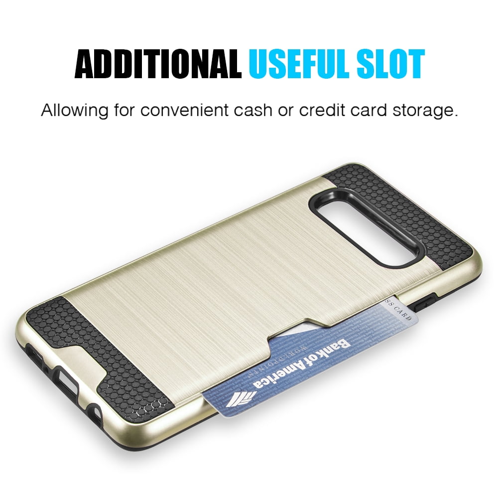 Luxury Dual Layer Hybrid Wallet Case for Galaxy S10 (Gold) w/ Credit Card ID Slot Holder & USB Car Charger Adapter - Ultra Lightweight w/ Button Covers, Shock Absorption, Raised Lip Guard