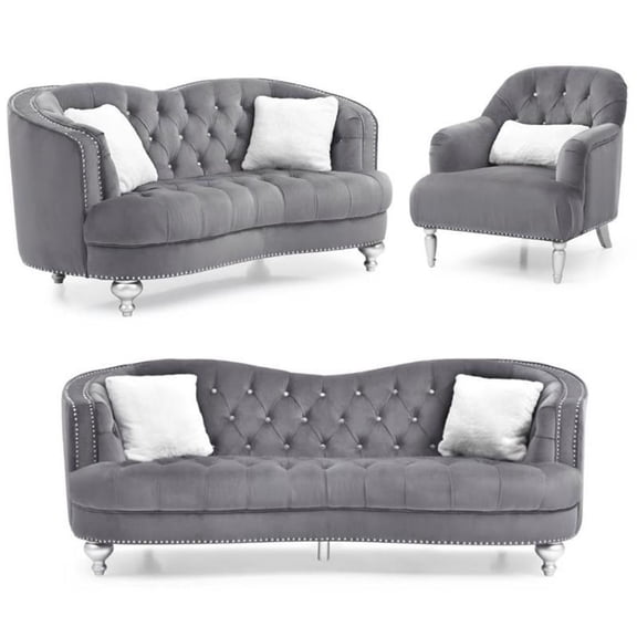 Home Square 3-Piece Set with Velvet Chair Loveseat and Sofa in Gray