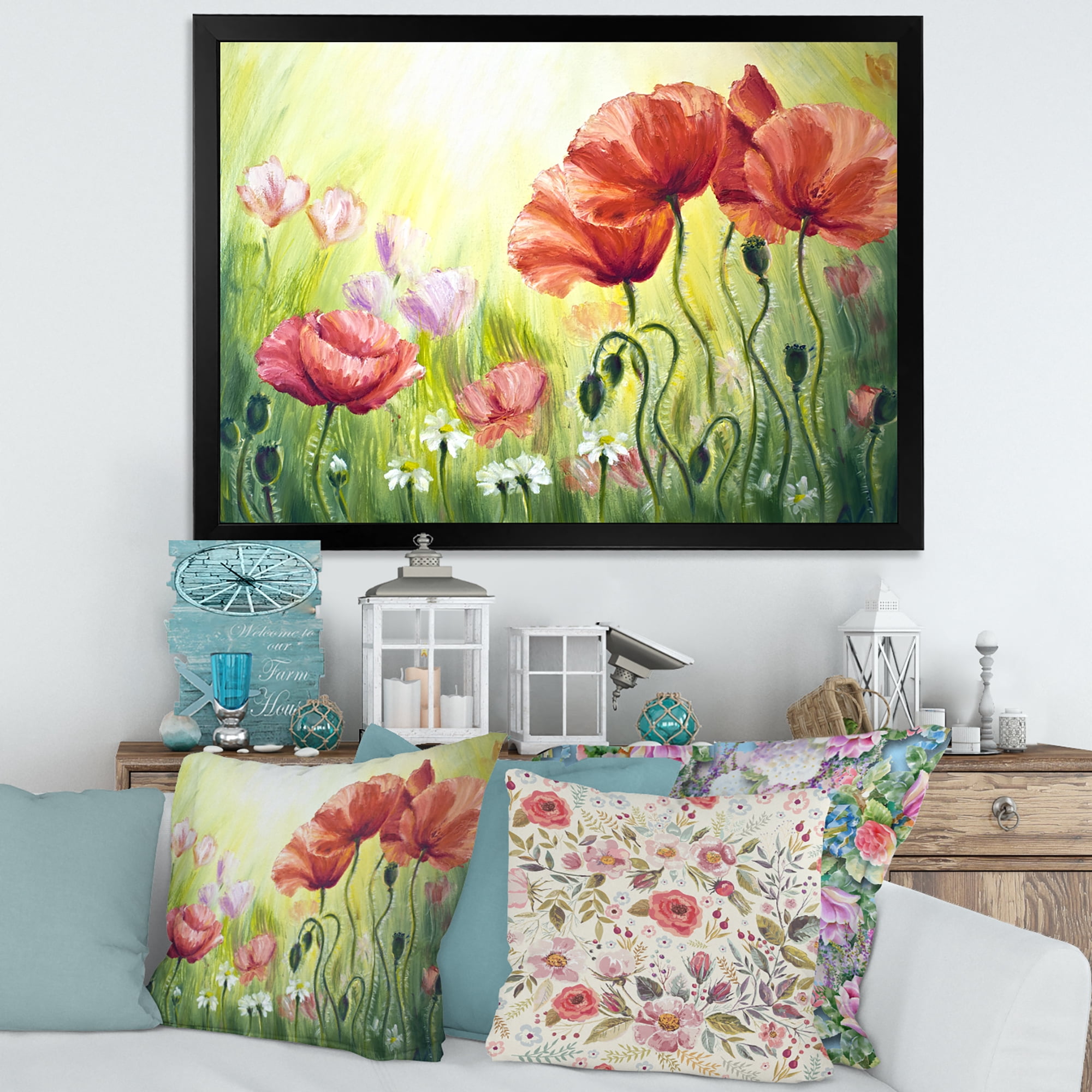 Designart 'Blossoming Red and Purple Poppies In The Morning I' Traditional Framed Art Print