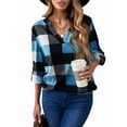 thumbnail image 2 of Blusas de Trabajo Básicas Informales para Mujer, con Cuello en V, Estampado A Cuadros, Puños y Larga. Azul L, 2 of 7