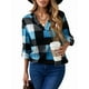 thumbnail image 2 of Blusas de Trabajo Básicas Informales para Mujer, con Cuello en V, Estampado A Cuadros, Puños y Larga. Azul XL, 2 of 7