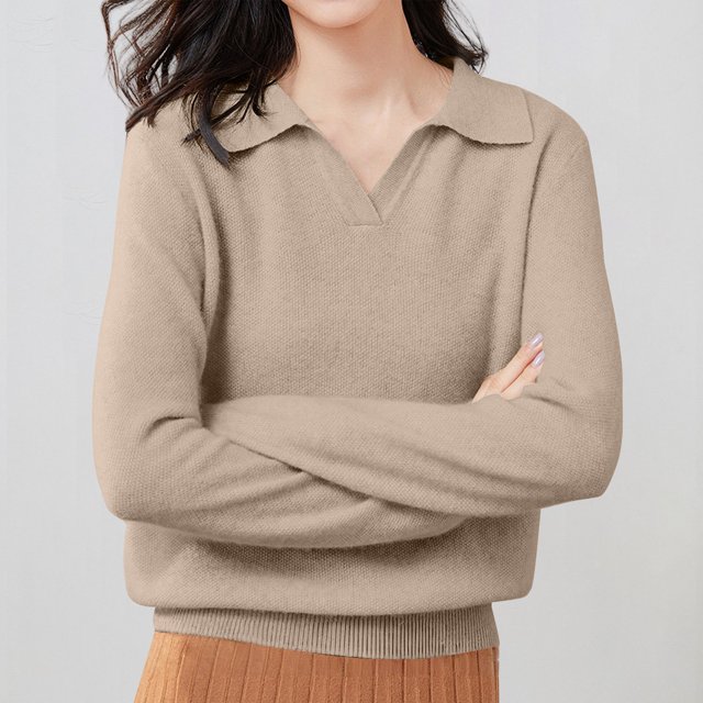 Polo Pullover Sweater Oversized Sweaters Sweaters for Women Merino Wool Seamless Sweater Fall Winter Clothes Long Sleeve Soft Touch Funnel Lightweight Knit Basic Sweater Tops Khaki M