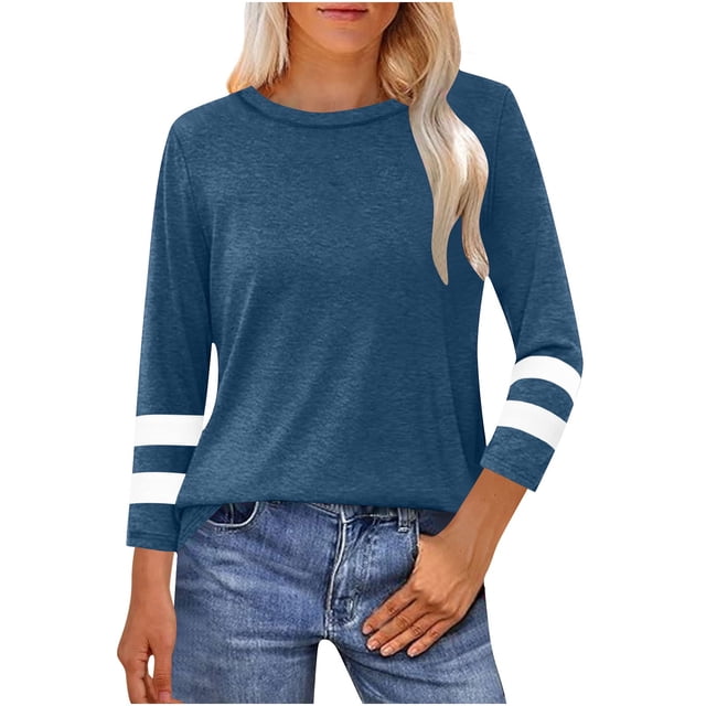 Sijiajgjfu Women Blouse 3/4 Lenght Sleeve Crew Neck Tops Fall Baseball Solid Color Basic Tee Shirts