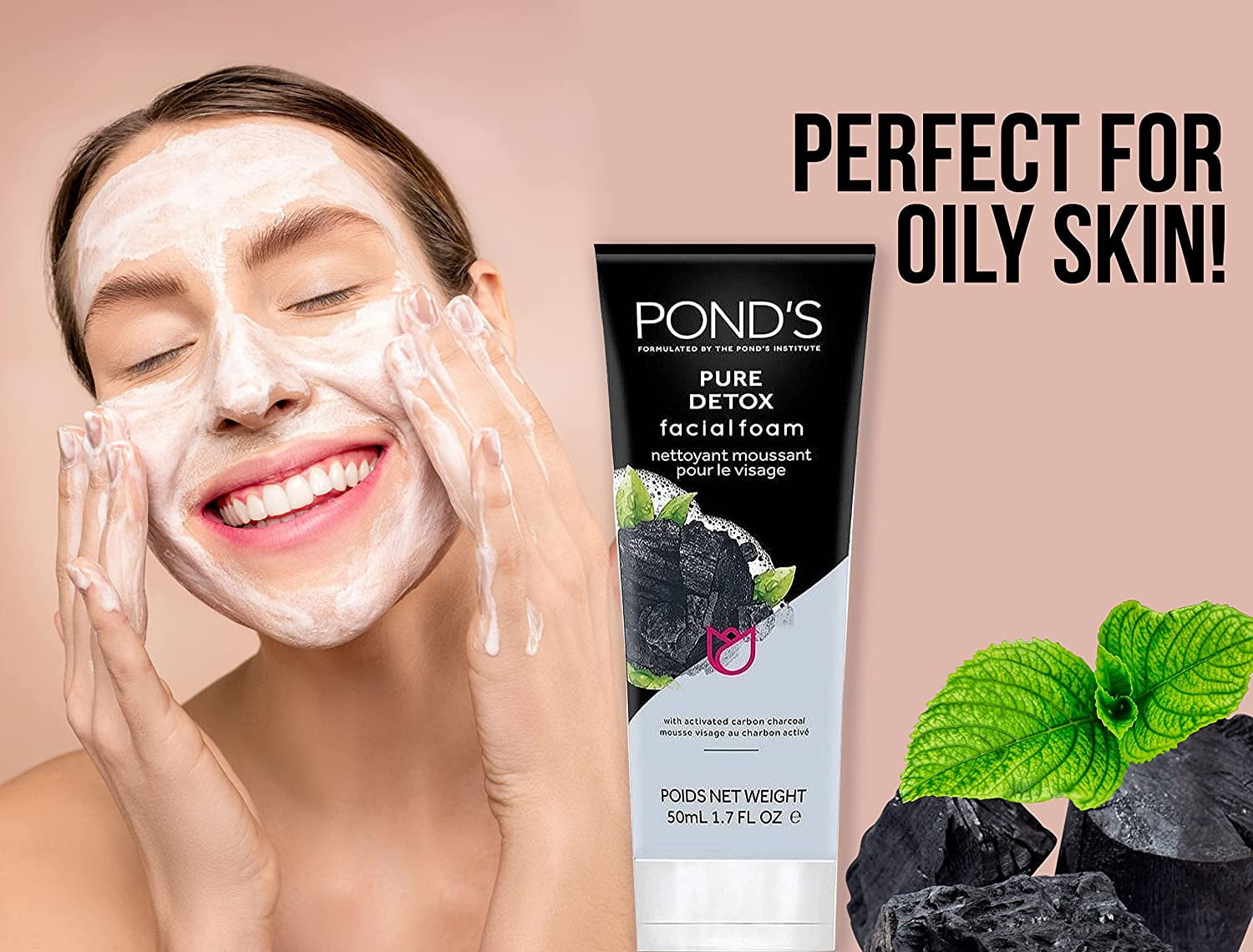 Pond's Pure Detox Facial Foam with Activated Carbon Charcoal, 1.7 fl. oz. (50mL)