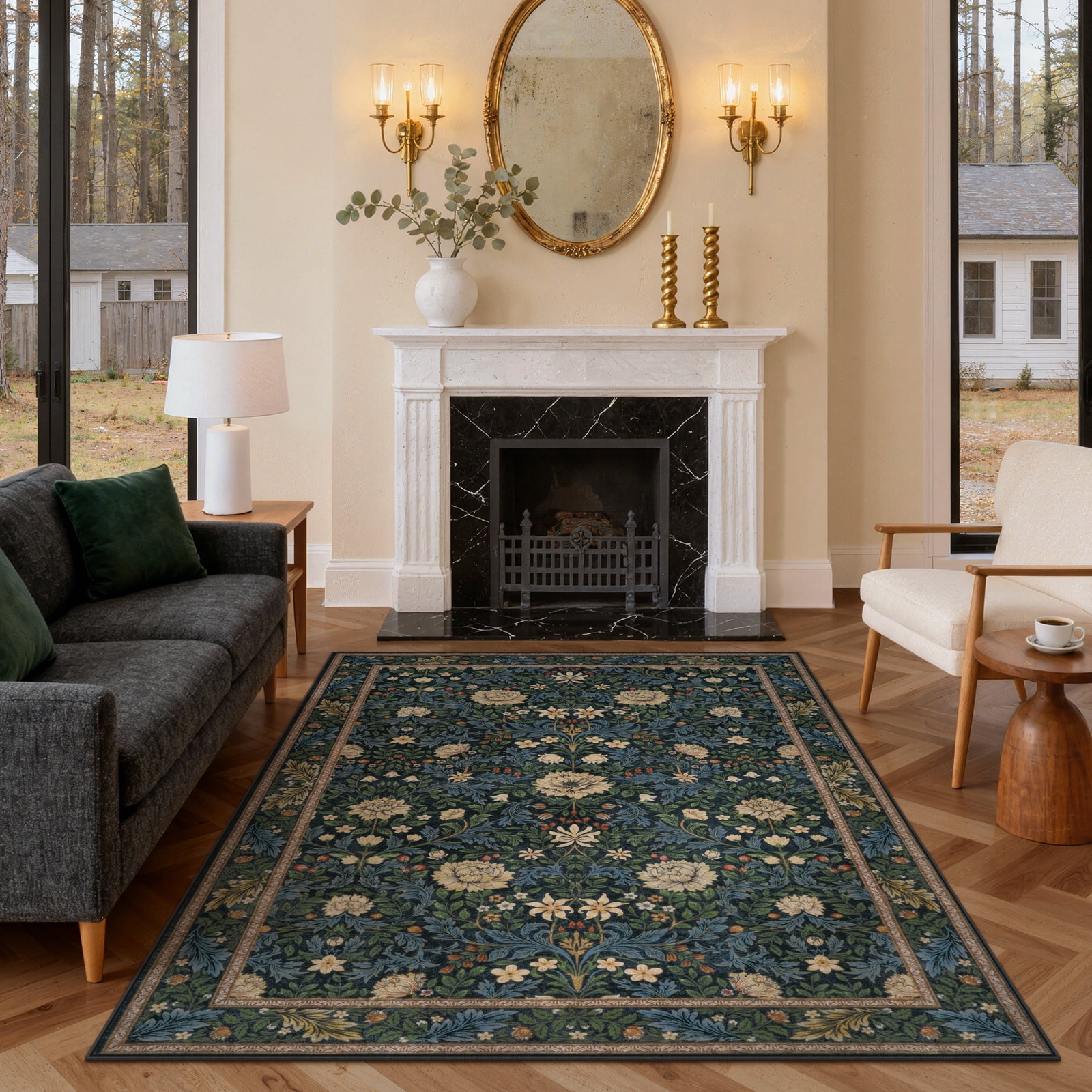 Lahome Non-Slip Washable 5x7 Area Rug, Boho Floral Vintage Low-Pile Carpet for Living Room Bedroom Dining Room and Office, Stain Resistant Soft Indoor Mat in Dark Green/Black