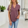 thumbnail image 2 of HomeDM Women's Button Down Collared V Neck Summer Tops, Short Sleeve Solid Color Loose Fit Dressy Blouses - Wine/L, 2 of 9