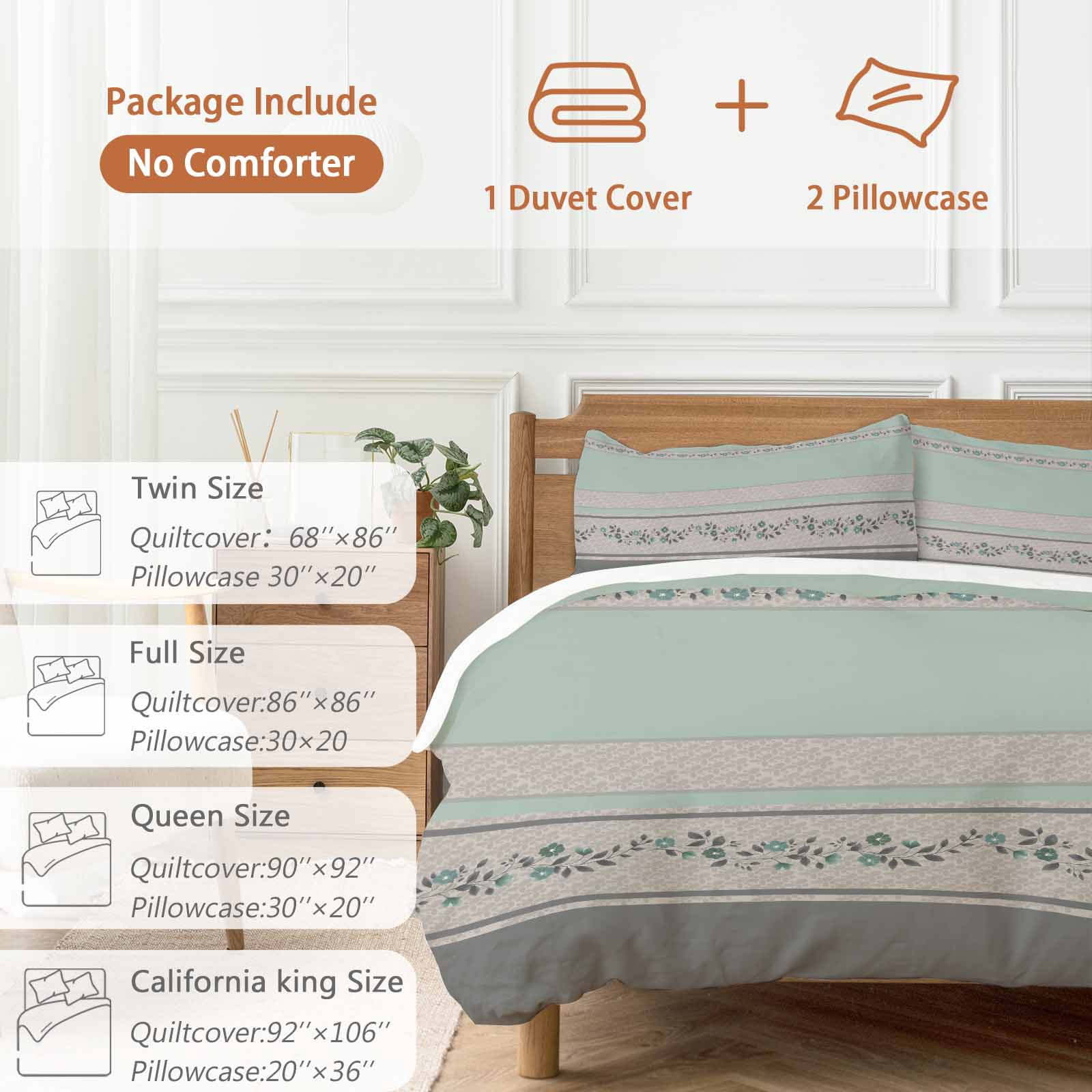 Turquoise Floral Bedding 3 Piece Duvet Cover Set Full Size, Modern Farmhouse Leaves Gray Striped Soft Microfiber Comforter Cover with Zipper Closure & Pillowcases, Wrinkle & FadeResistant Quilt Cover