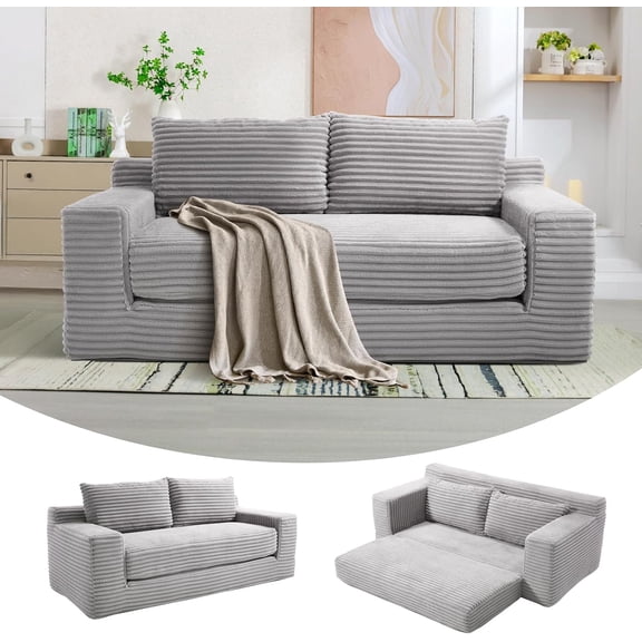 QuzyAor 70" Corduroy Convertible Loveseat Sofa, 2 in 1 Cloud Sleeper Sofas, Comfy Folding Boneless Love Seat Couches for Living Room, Apartment, Bedroom, Office,Grey