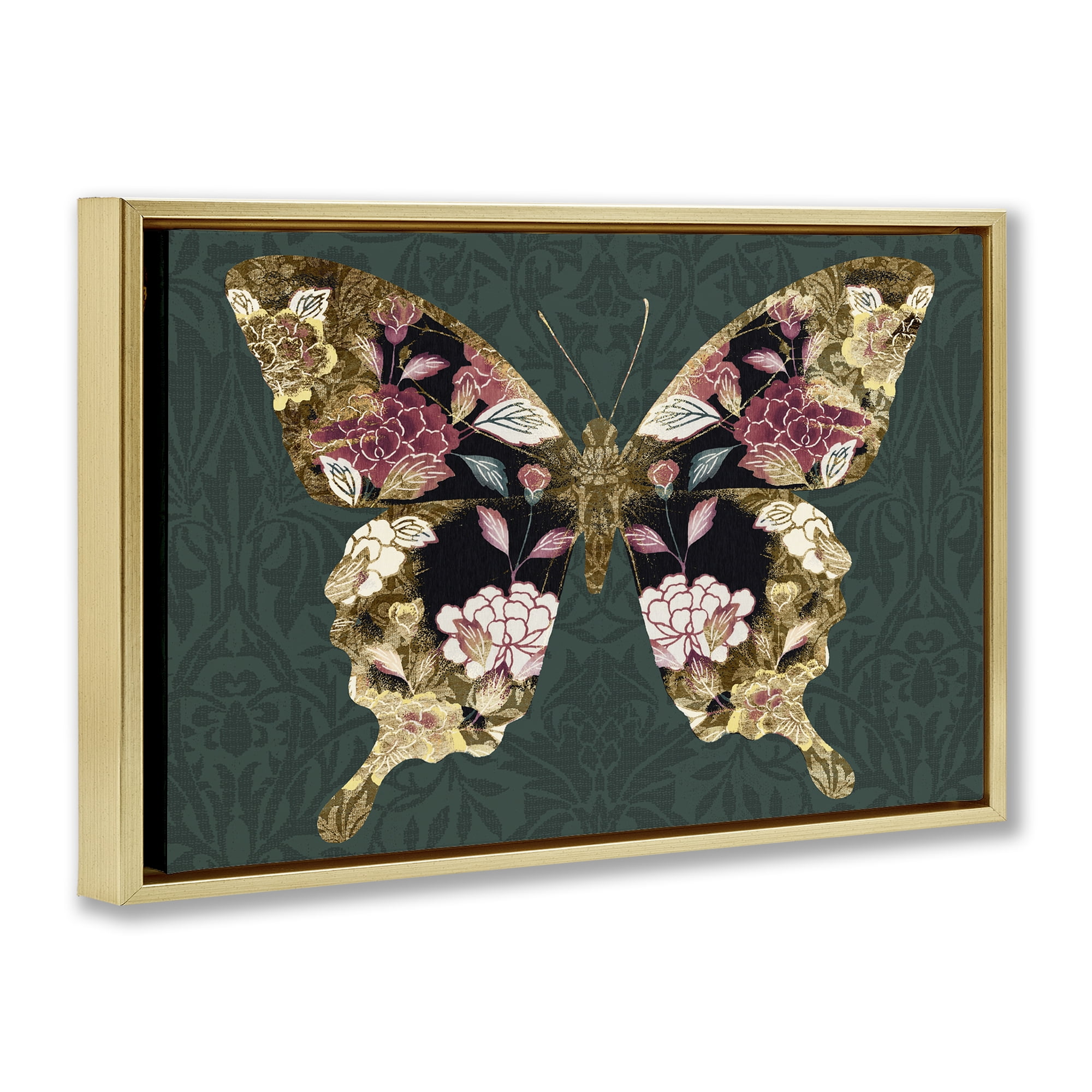 Stupell Industries Rococo Butterfly Pattern Animals Painting Gold Floater Framed Canvas Art Print Wall Art, 31 x 21