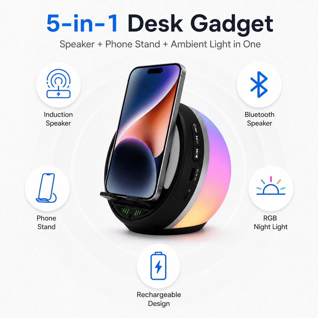 JDMEOPD 5-in-1 Induction Speaker Phone Stand with RGB Night Light, Rechargeable Bluetooth Desk Speaker, Gift for Men Women
