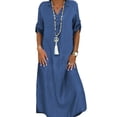 thumbnail image 2 of HEVIRGO Women Half Sleeve Side Slitting Hem V-neck Loose Long Denim Dress Streetwear for Daily Life, 2 of 8