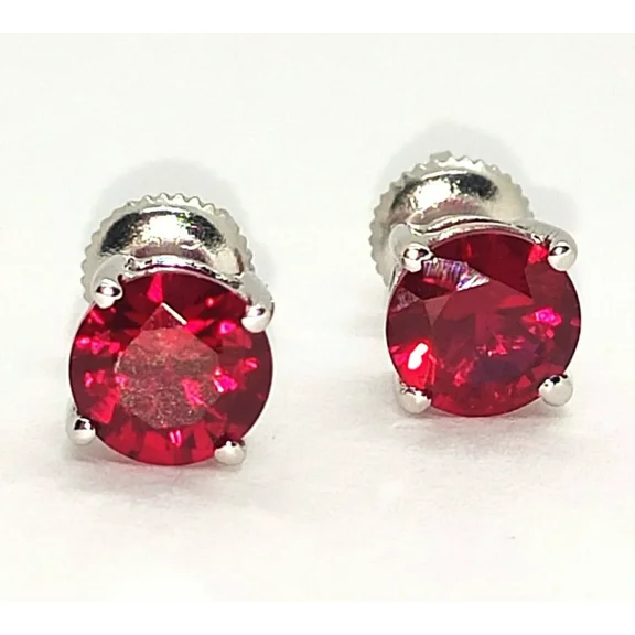 4 Ct Simulated Ruby Round Solitaire Stud Earrings, 8mm, 14K White Gold Plated Silver, Classic Elegant Jewelry