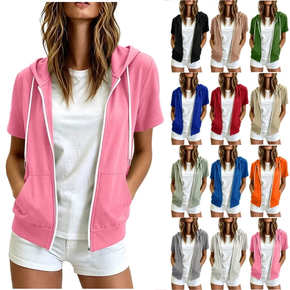Otntypg Full Zip up Athletic Hoodie Jackets for Women Lightweight Thin Casual Fall Short Sleeve Drawstring Hooded Pullover Sweatshirts Basic Slim Fit Outwear Jacket with Pockets