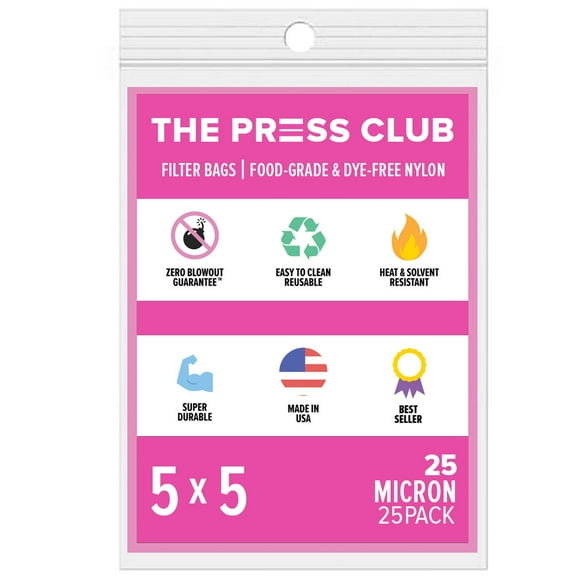 The Press Club 25 Micron Premium Nylon Tea Filter Press Screen Bags, 5" x 5" Inch, 25 Pack