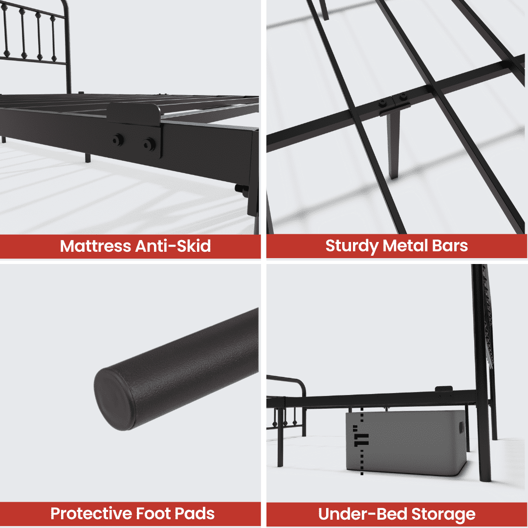 Golden Gate Beds Victorian Vintage Style Metal Bed Frame with Wrought Iron Headboard and Footboard, Classic Platform Bedframe Storage, No Box Spring Needed, Mattress Foundation, Black,California King