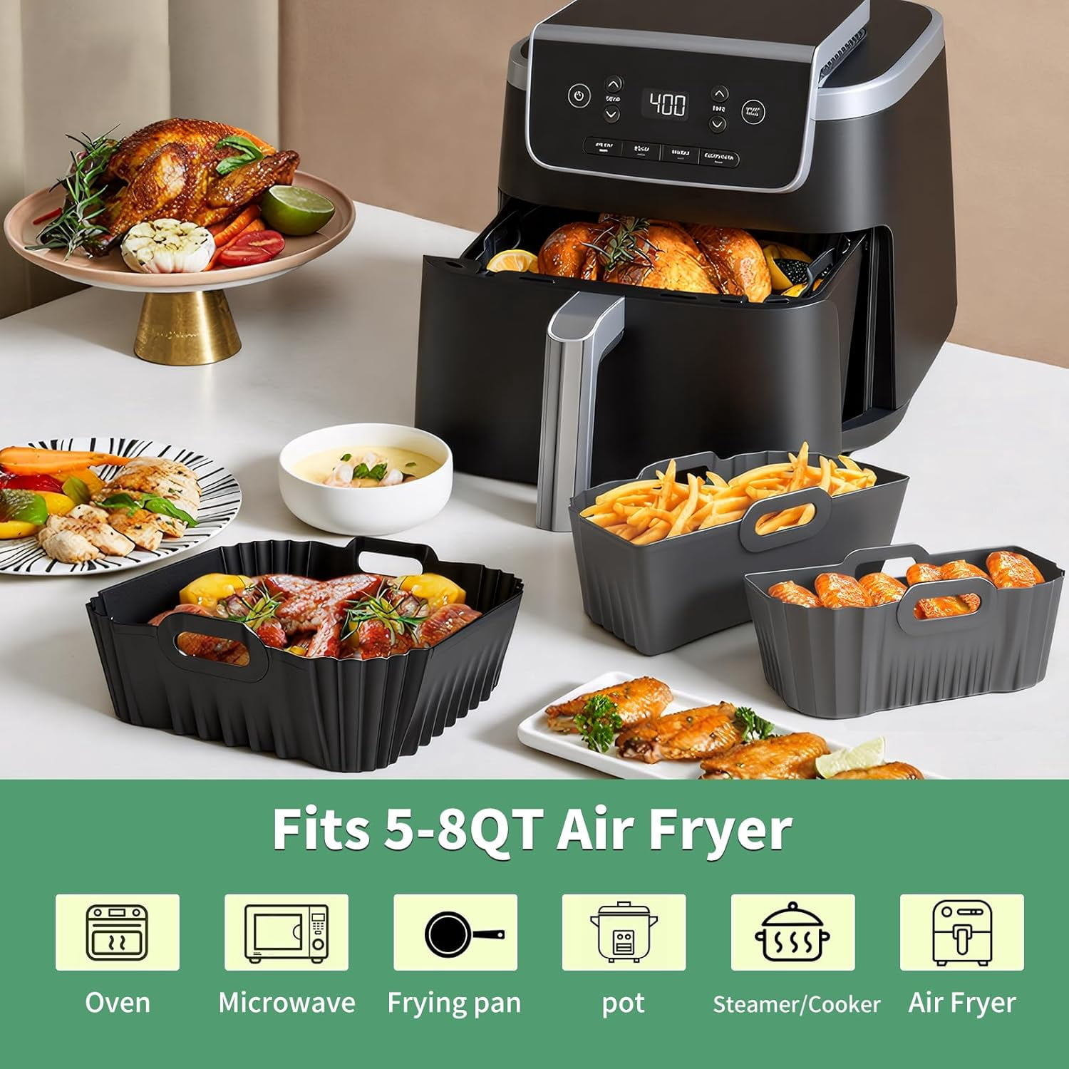 JJEAN-9-Inch Air Fryer Silicone Liners Square for Ninja Air Fryer AF141 AF142 AF181 5-6.5QT, 3 Pack Reusable Silicone Pot Baking Accessories for Cosori 6QT, Instant, Chefman 5QT to 8QT AirFryer