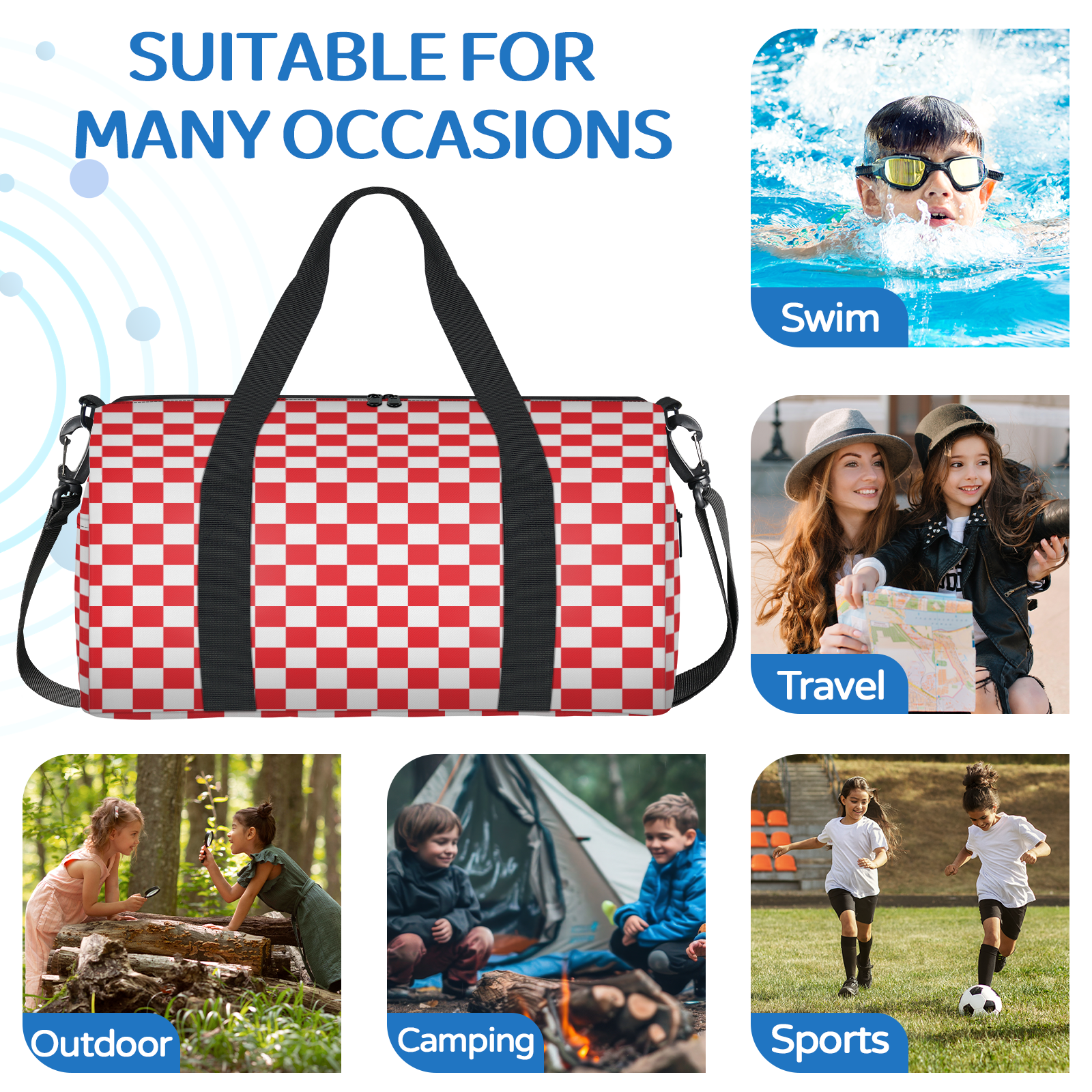 Herdesigns Checkerboard red and white Travel Duffle Bag Sports Yoga Weekender Overnight Carry on Workout Bags Lightweight Waterproof Gym Tote Bag for Women