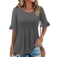 thumbnail image 2 of Camisas de Cuello de Tripulación de Manga Corta para las Mujeres Plisado Mangas de Ruffle, Cuello Redondo Casual Primavera Y Blusa de Verano, 2 of 7