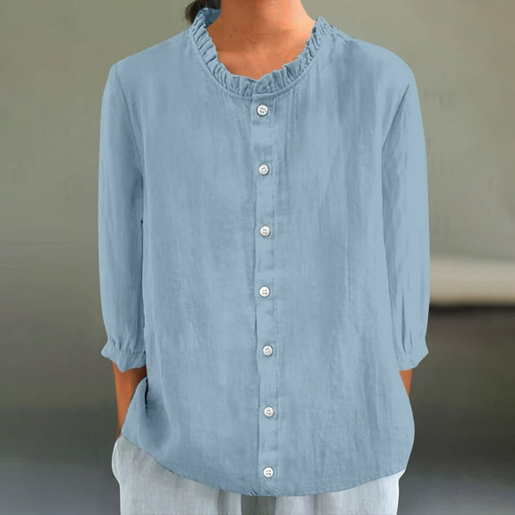 Meichang Linen Button Down Shirts for Women 3/4 Sleeve Ruffle Trim Crew Neck Solid Basic Tees Loose Fit Oversized Top