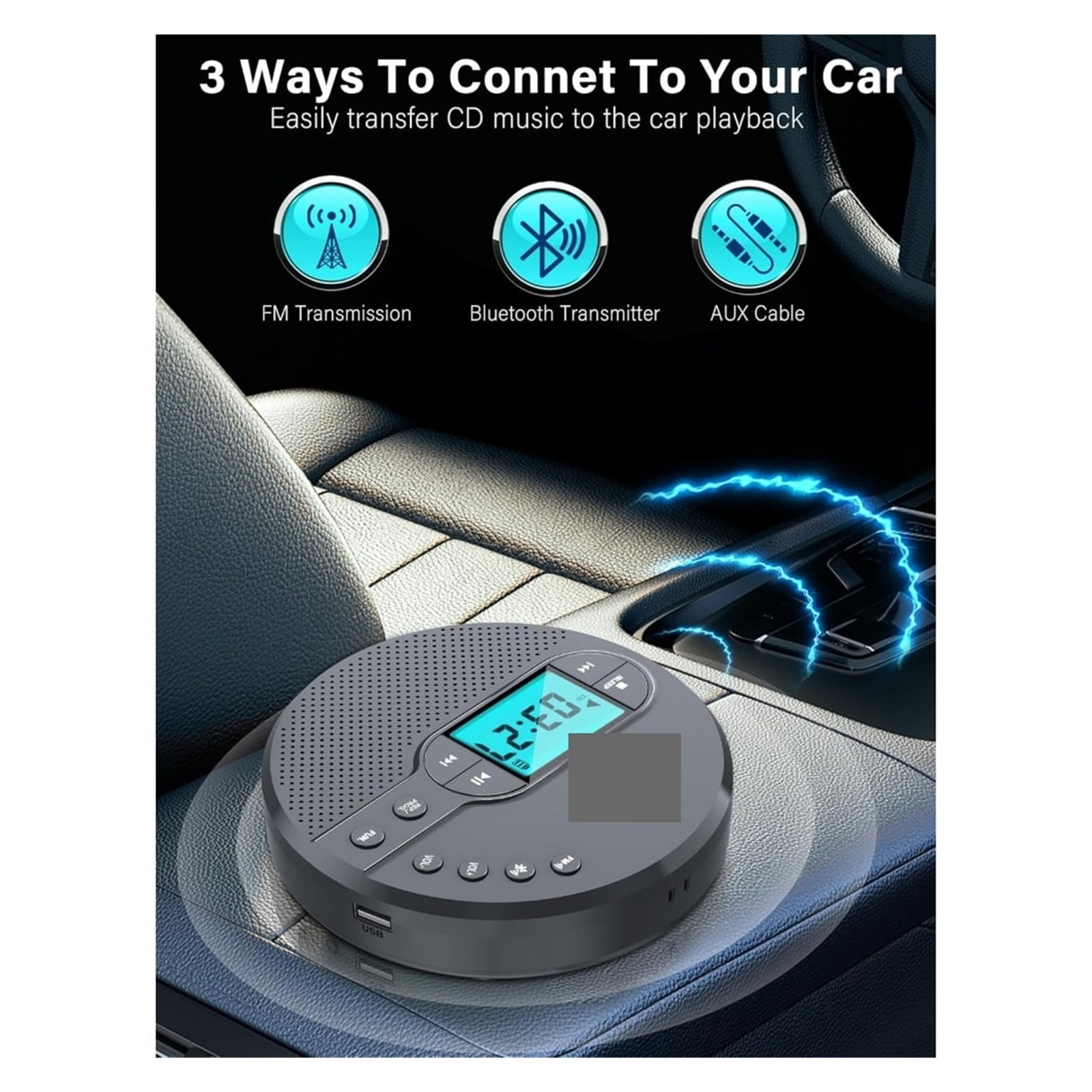 2000mAh Rechargeable CD Player with Bluetooth, FM, Headphones, LCD, AUX, Speaker