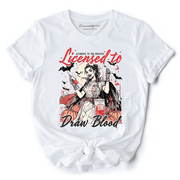 Licensed to Draw Blood Halloween Nurse T-Shirt, Groovy Tee for Spooky Season