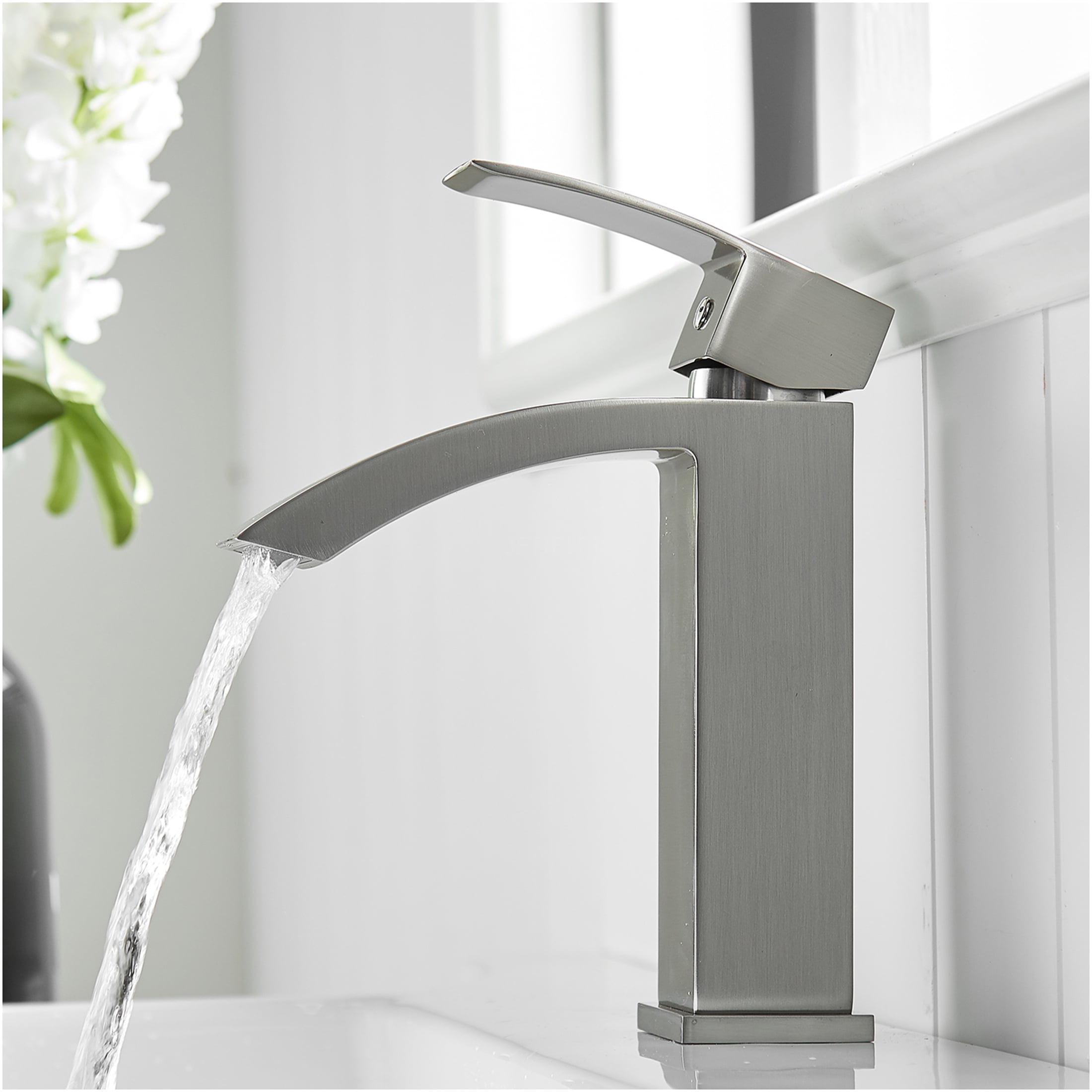JERFIT Modern Single Handle Bathroom Sink Faucet, Brushed Nickel Waterfall Single Hole Vanity Basin Faucet with Ceramic Cartridge