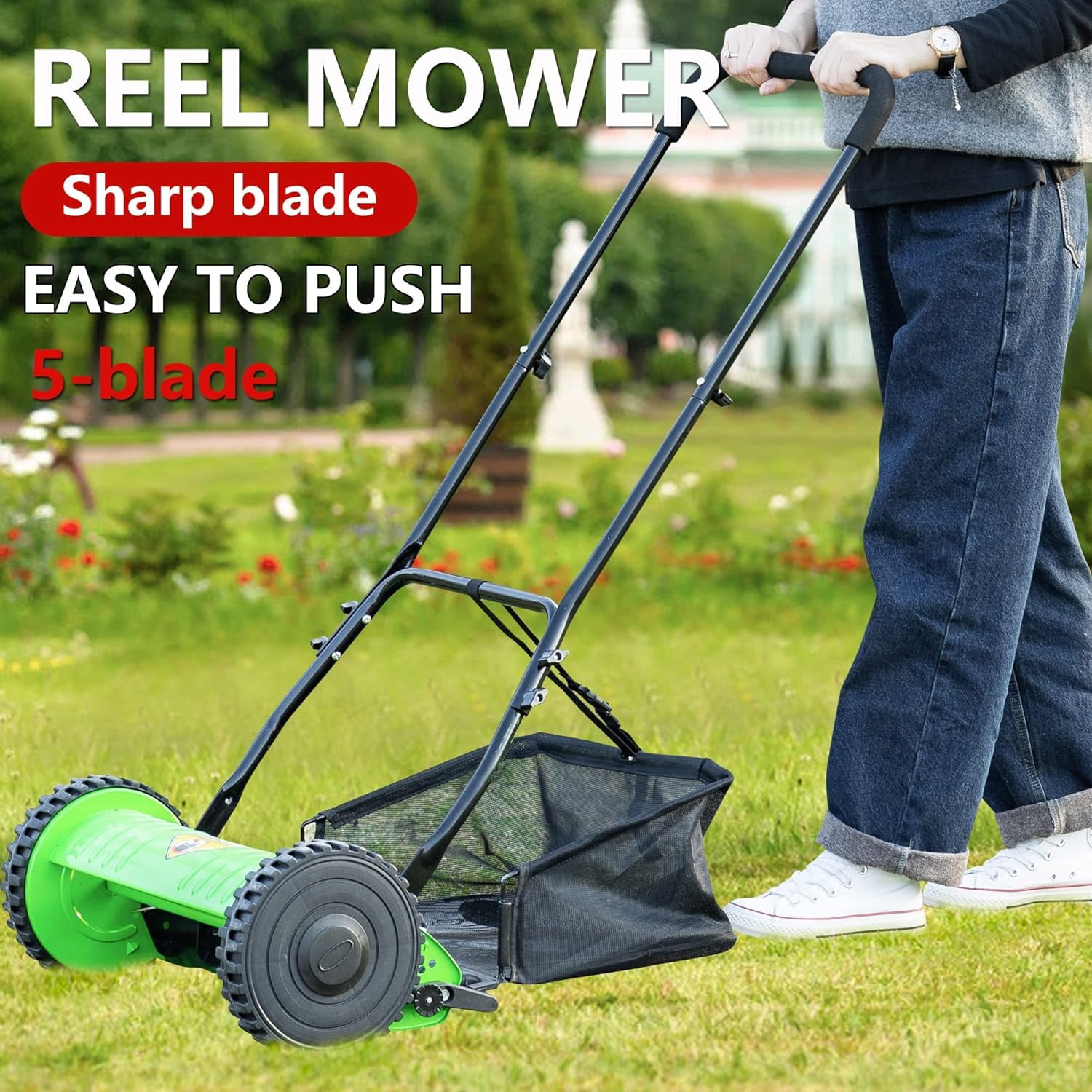 Dkelincs 15 inch Push Lawn Mower Adjustable Cutting Height Lawn Mower 2 Wheels Push Reel Mower with Grass Catcher, Green