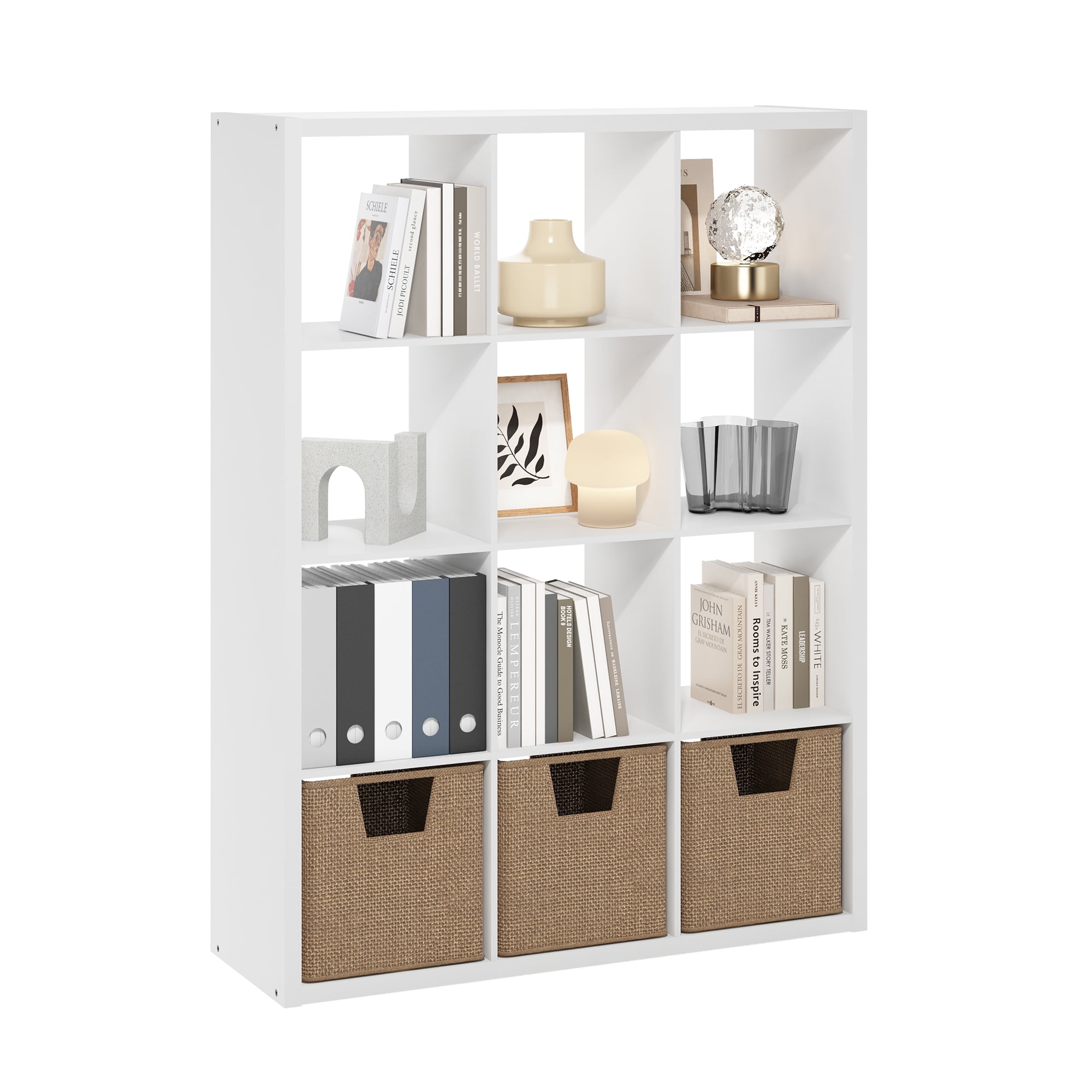 Furinno CUBICLE Book Shelf, 12-Cube Thick Frame Bookshelf, Reversible Bookcase with Open Back, 14.6 x 43.8 x 58, for Living Room, Bedroom, Home Office, White