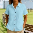 thumbnail image 5 of Women's Cotton Linen Shirt Button Down Rolled Short Sleeve Dressy Casual Blouses Loose Fit Summer Beach Tops (2XL, Sky Blue), 5 of 7