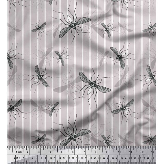 Soimoi Grey Rayon Fabric Stripe & Mosquito Insects Decor Fabric Printed Yard 42 Inch Wide