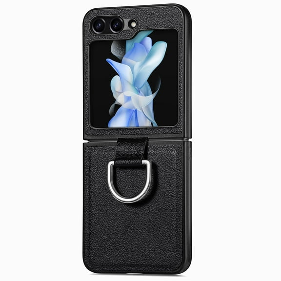ELEHOLD for Samsung Galaxy Z Flip 5 Leather Case Cover, with Metal Finger Ring Holder Slim Lightweight Shockproof Non-Slip Case for Galaxy Z Flip 5 ,Black