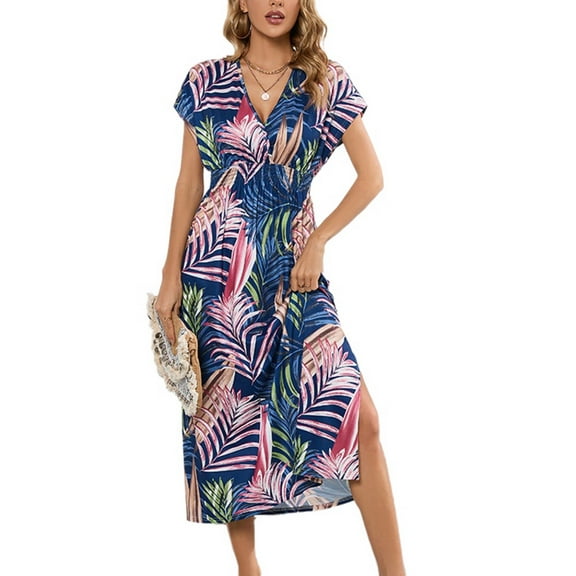 SWSMCLT Women's Ruched Fitted Deep V Neck Long Dresses Sexy Dress Holiday Beach Fall Dinner Elegant Sundress Blue Small