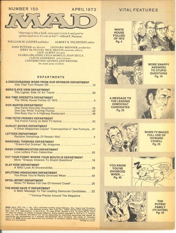 MAD Magazine Vintage Collectible #150 No Cover APRIL 1972