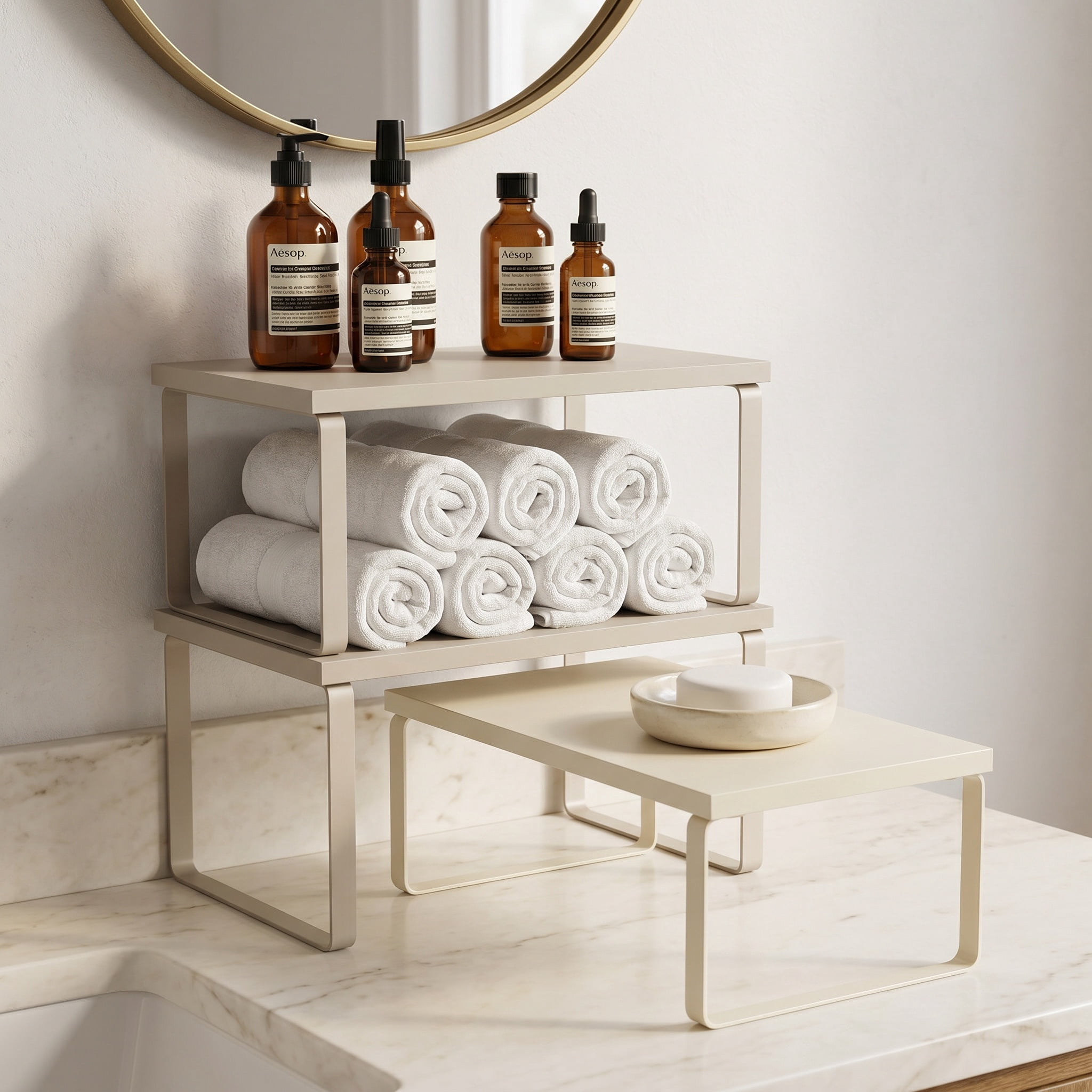 Set of 3 Stackable & Expandable Kitchen Cabinet Shelf Organizers, Sand Beige