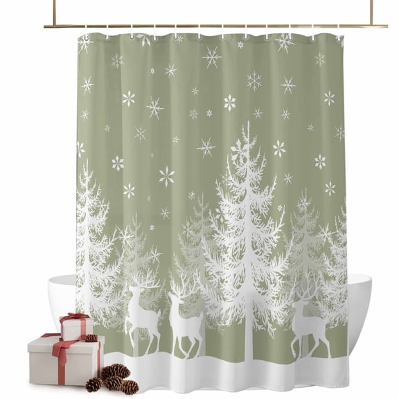 Christmas Shower Curtain Sage Green Xmas Tree Reindeer Bathroom Curtains with Hooks, Waterproof Fabric Elk Deer Forest Snowflake Bath Shower Curtains Set for Bathroom Bathtubs Xmas Decor 72x72 Inch